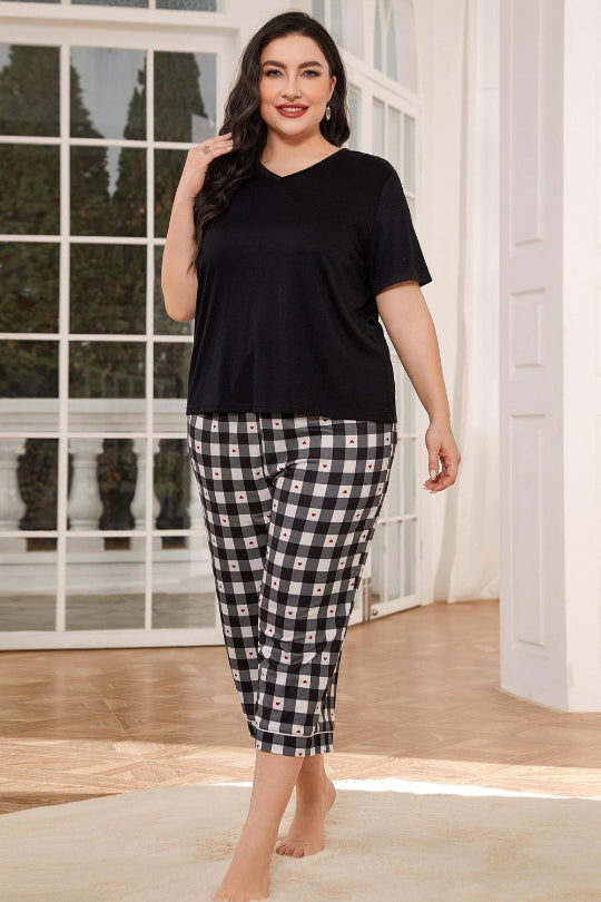 Plus Size V-Neck Tee and Pants Lounge Set