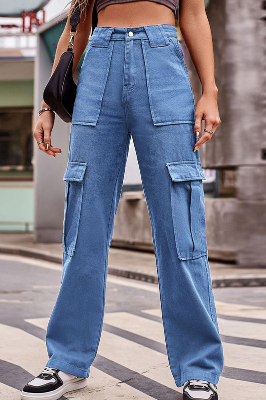 High Waist Loose Fit Cargo Jeans