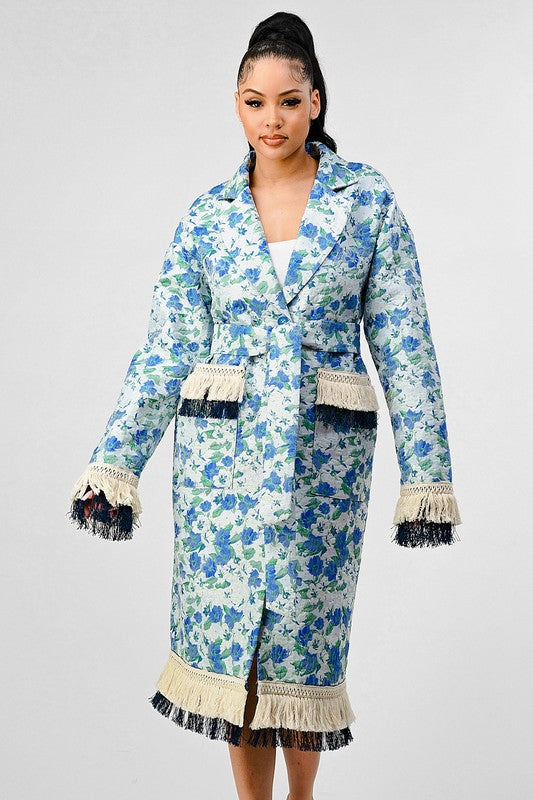 Oversized Floral Tassel Trench Jacket