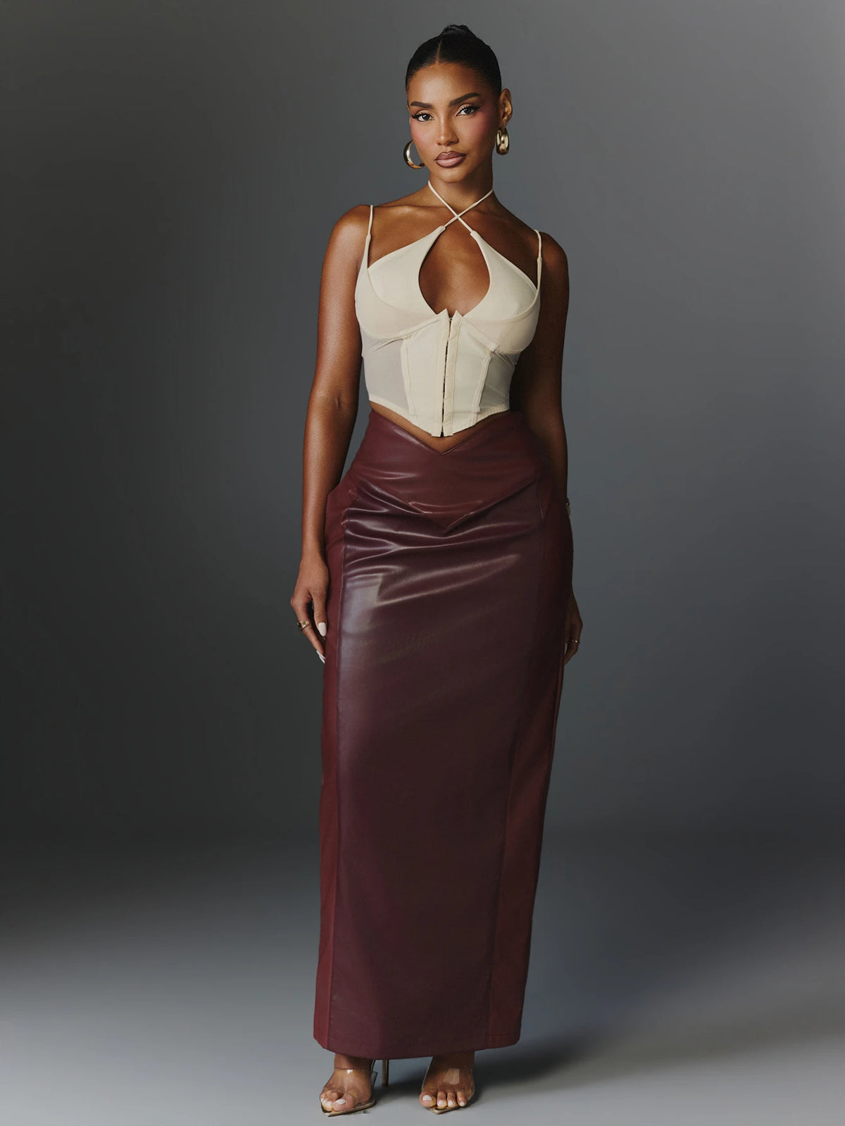 Vesper Merlot Faux Leather Maxi Skirt