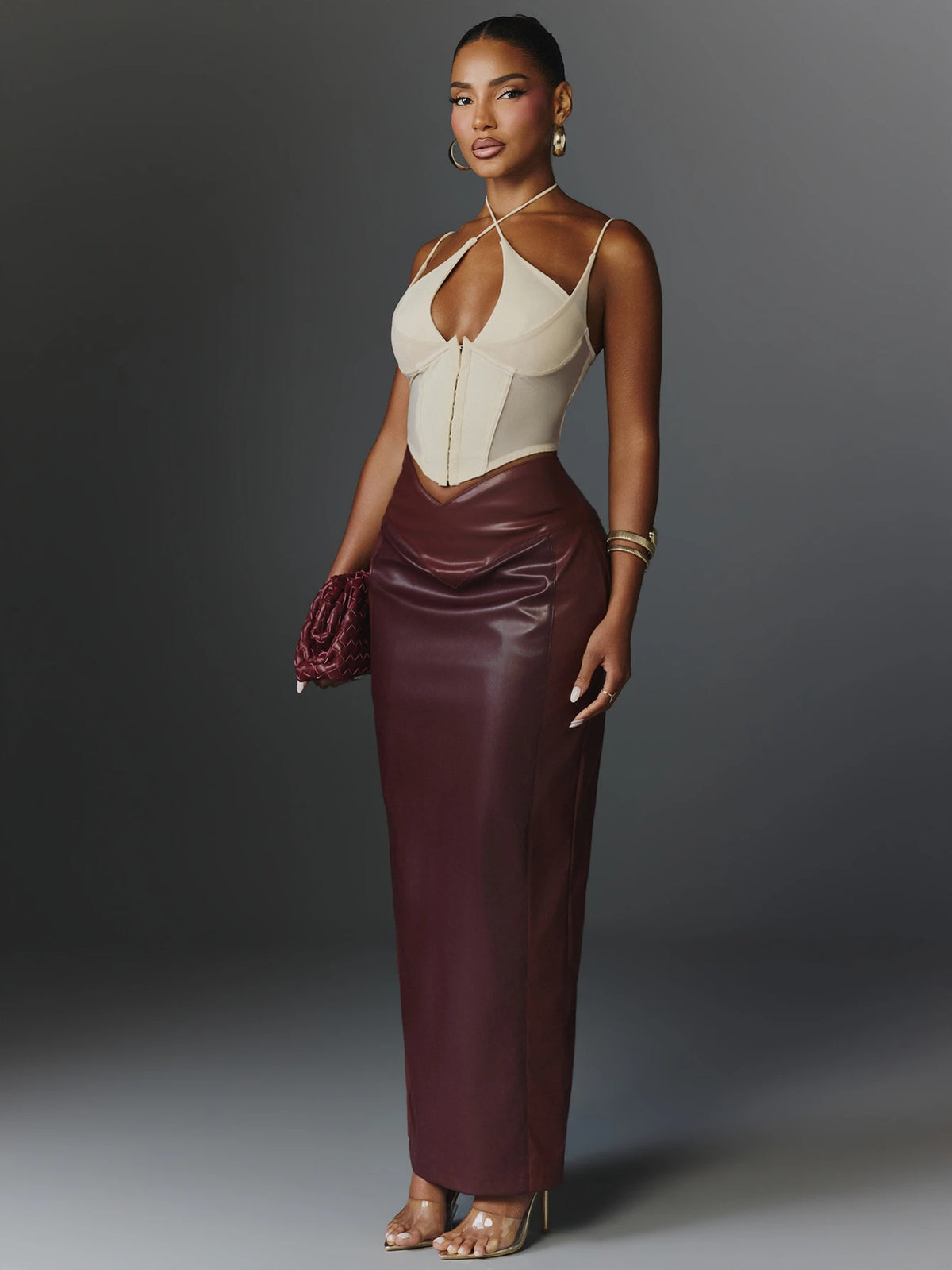 Vesper Merlot Faux Leather Maxi Skirt