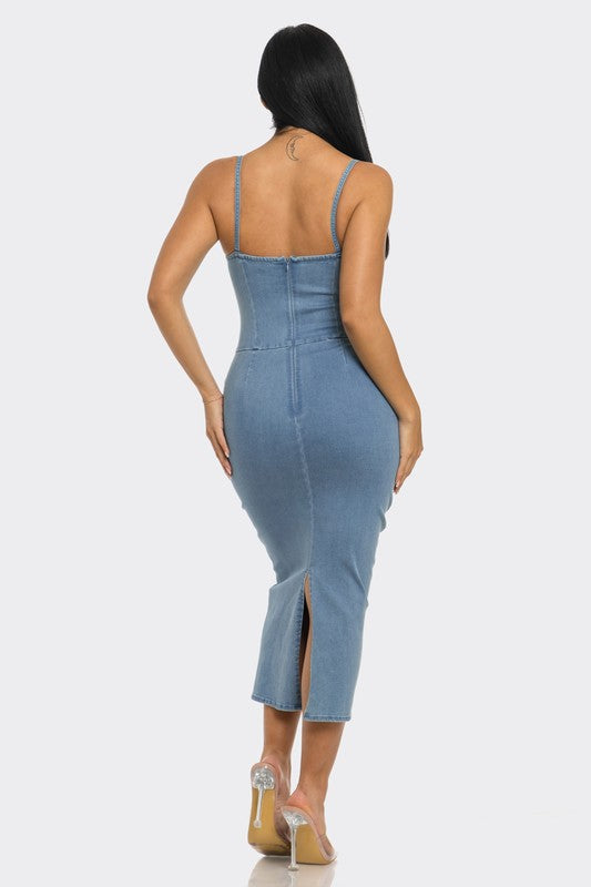 Casual Light Washed Denim Midi Dress