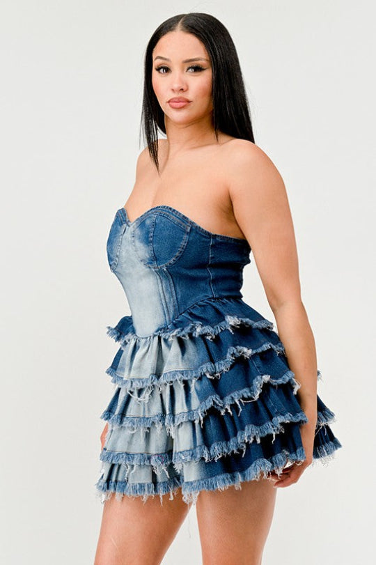 Delightful Five Tiered Ruffle Denim Dress