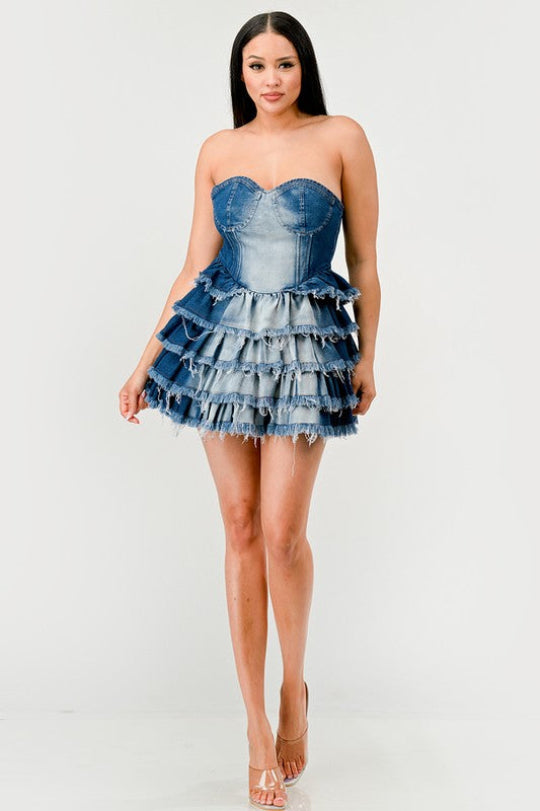 Delightful Five Tiered Ruffle Denim Dress
