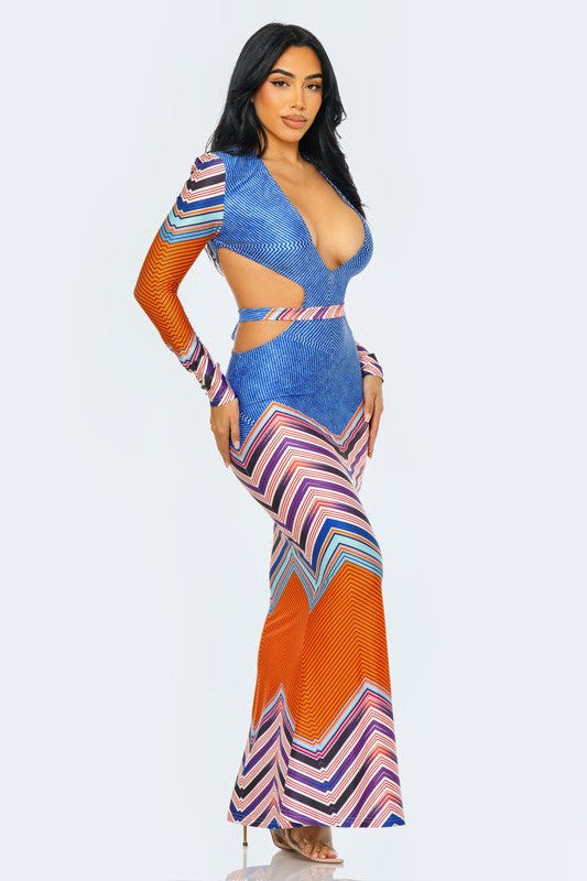 Geometric Print Plunge Neckline Maxi Dress