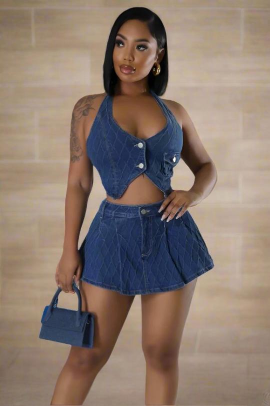 Conjunto de falda pantalón vaquera elegante con cuello halter para mujer