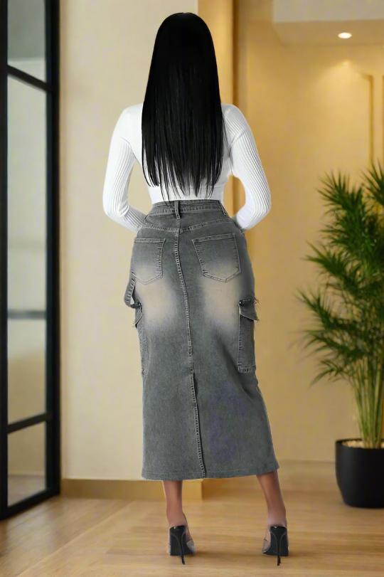 Falda vaquera larga con estampado cargo elegante para mujer