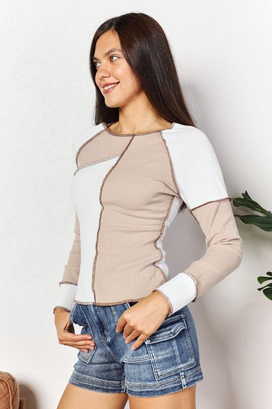 Stone Color Block Exposed Stitch Top