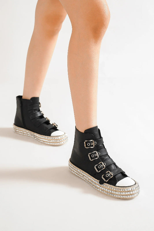 Multi-Buckle Buckled Studded Platform Sneakers