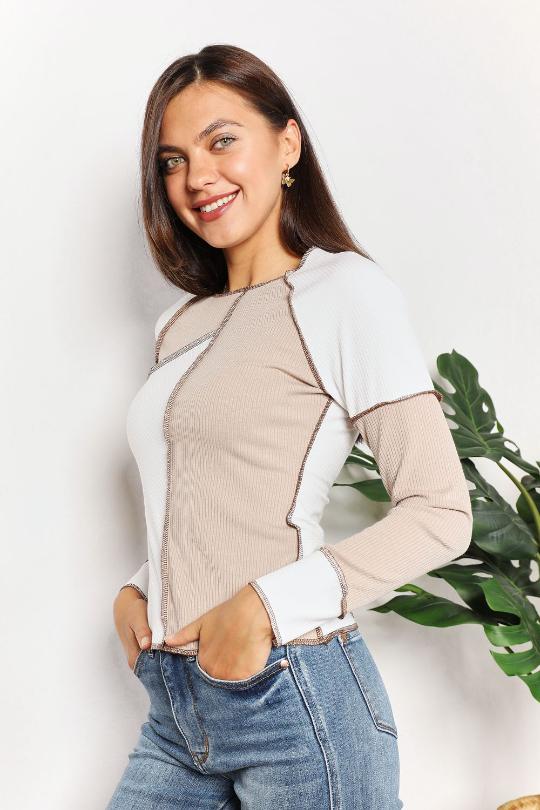 Stone Color Block Exposed Stitch Top