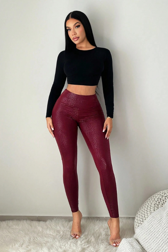 Burgundy Animal Print High Waist Skinny Leggings