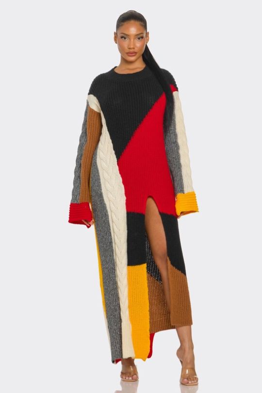 Cable Knit Color-Block Maxi Dress