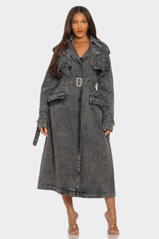 Charcoal Black Distressed Denim Trench Coat