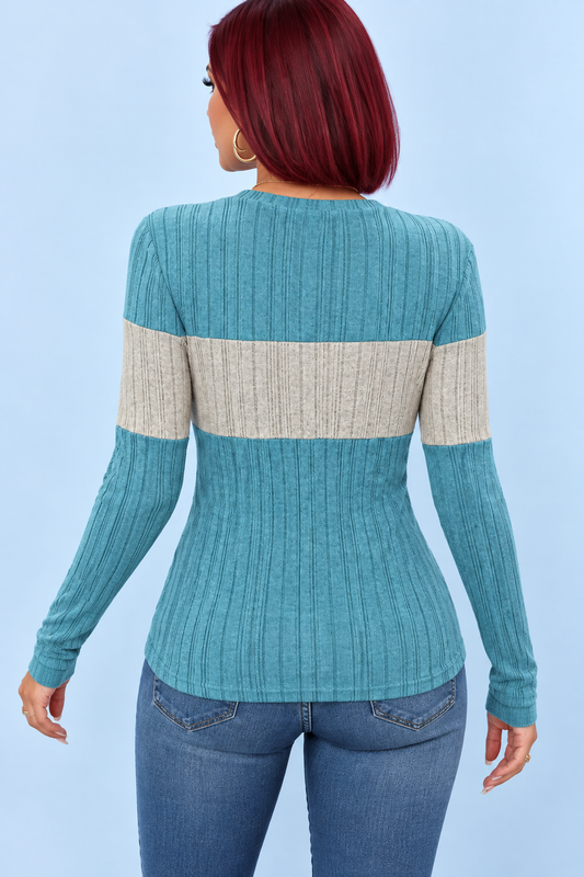 Blusa de manga larga con cuello redondo y bloques de color