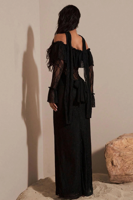 Feathered Off-Shoulder Lace Mermaid Mesh Maxi Dress