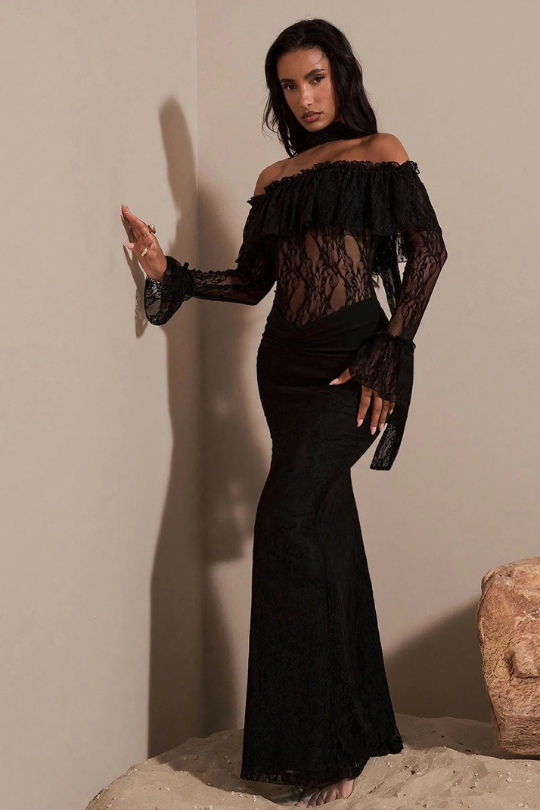 Feathered Off-Shoulder Lace Mermaid Mesh Maxi Dress