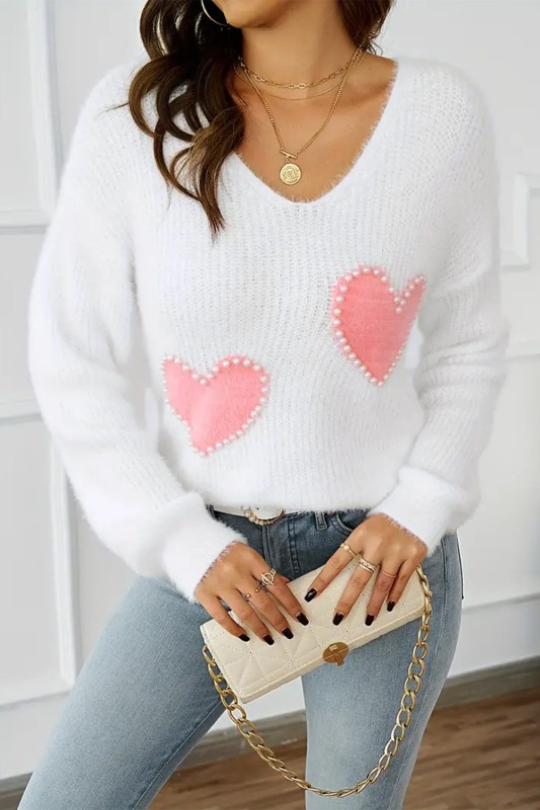 Fuzzy Beaded Heart Pattern V Neck Sweater