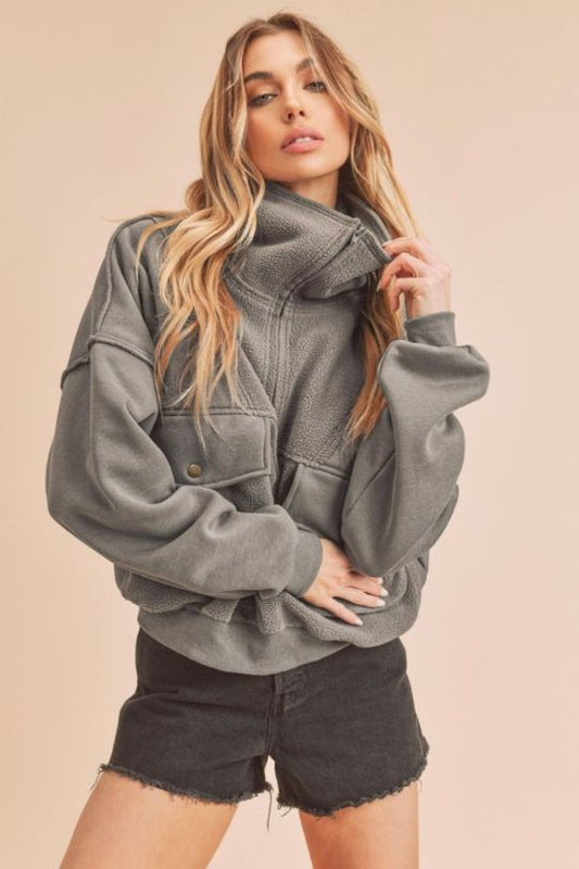 Mock Neck Half Zip Cargo Pocket Sweatshirt