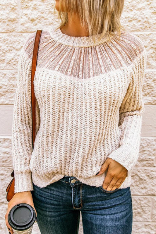 Semi-Sheer Round Neck Rib-Knit Sweater