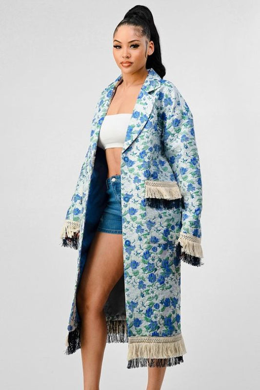 Oversized Floral Tassel Trench Jacket