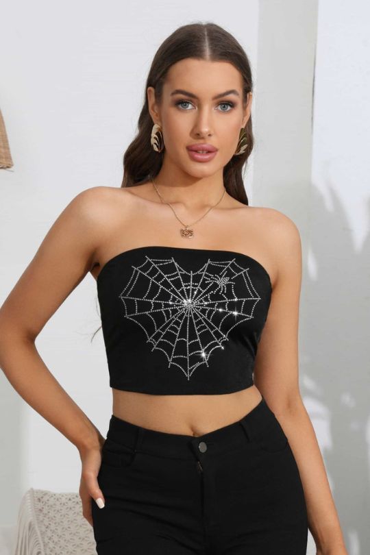Women's Rhinestone Heart Web Tube Top
