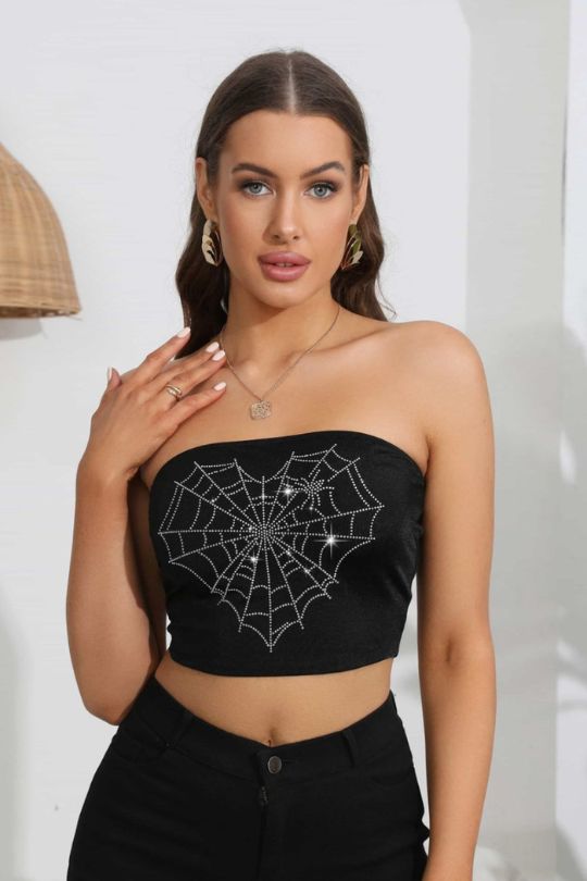 Women's Rhinestone Heart Web Tube Top