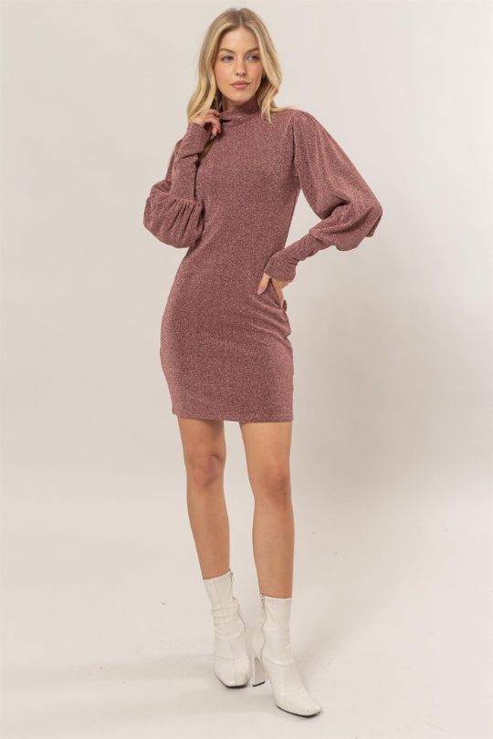 Elegant Glitter Bishop Sleeve Mini Dress