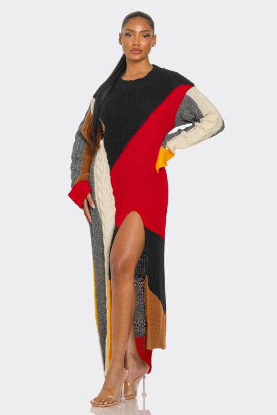 Cable Knit Color-Block Maxi Dress