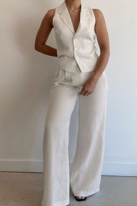 Sleeveless Lapel Collar Top and Pants Suit