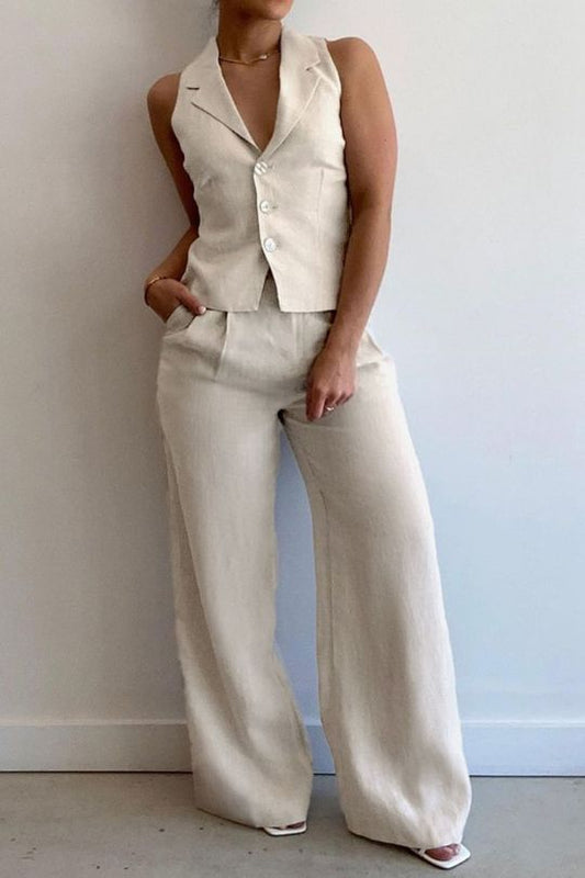 Sleeveless Lapel Collar Top and Pants Suit