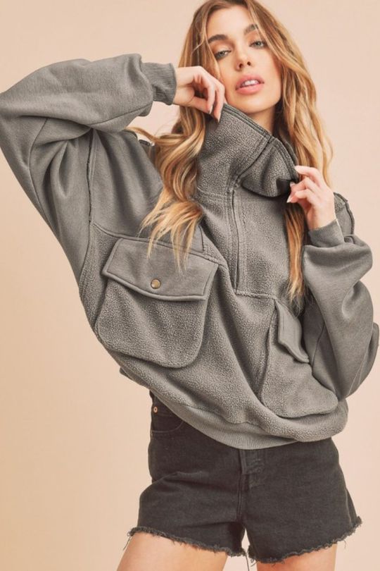 Mock Neck Half Zip Cargo Pocket Sweatshirt