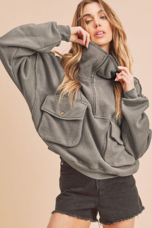 Mock Neck Half Zip Cargo Pocket Sweatshirt