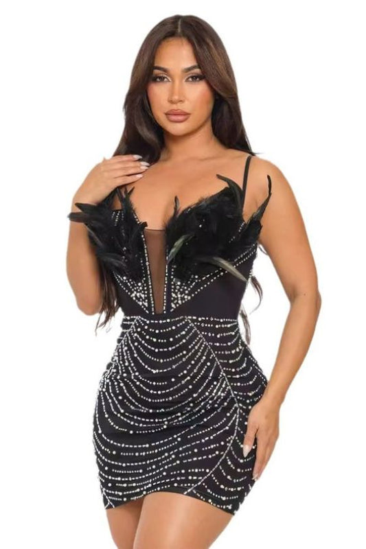 Minivestido con plumas brillantes para mujer
