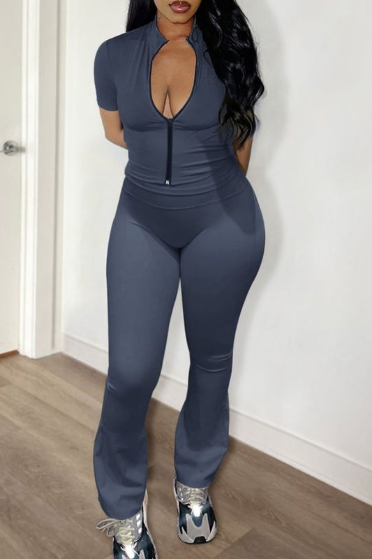 Short Sleeve Zip Up Top and Bootcut Leggings Set