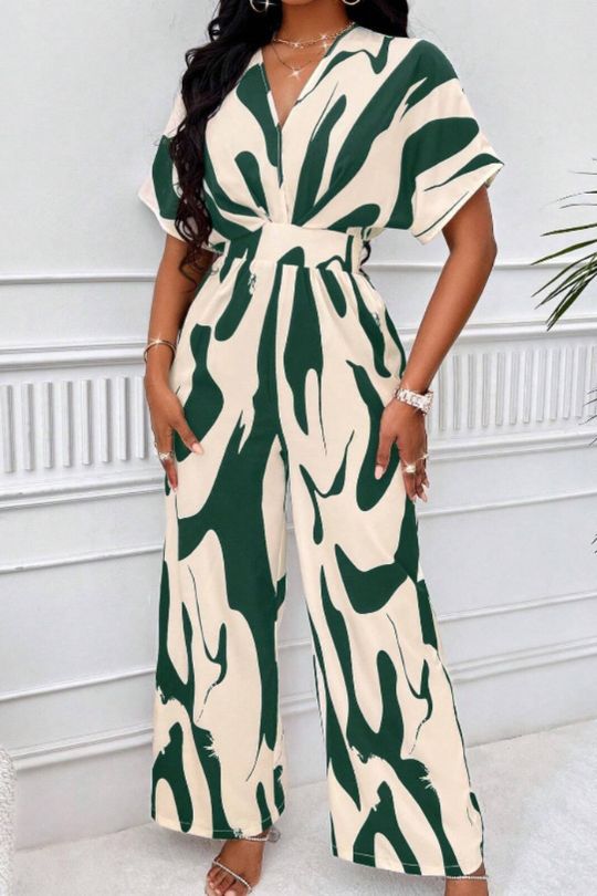 Wide Leg One Piece Short Sleeve Jumpsuit