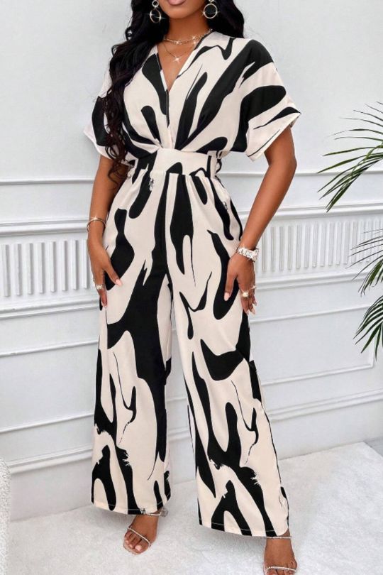 Wide Leg One Piece Short Sleeve Jumpsuit