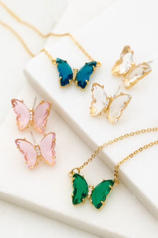 Butterfly Gem Stone Pendant Necklace