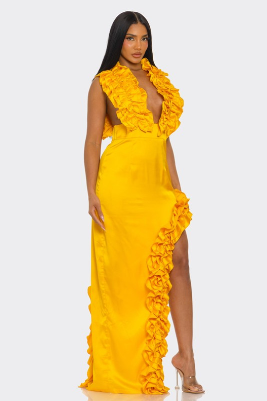 Golden Hour Cascade Ruffle Gown