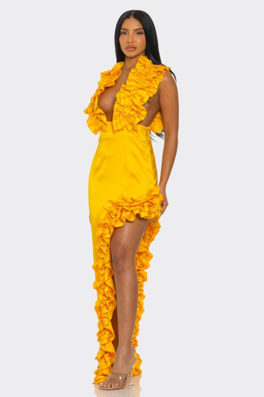 Golden Hour Cascade Ruffle Gown