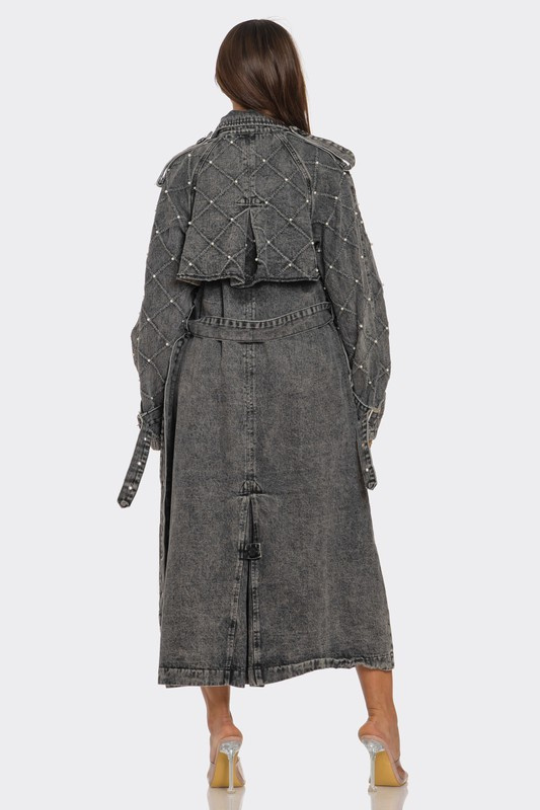 Charcoal Black Distressed Denim Trench Coat