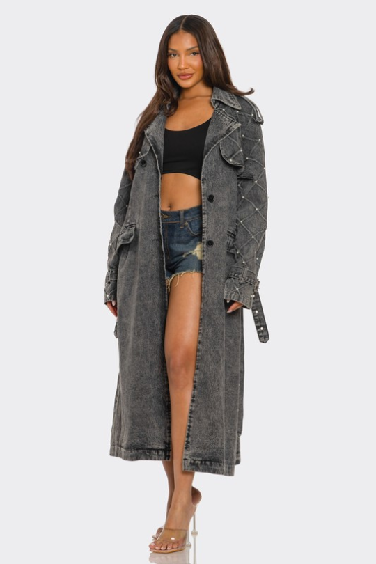 Charcoal Black Distressed Denim Trench Coat