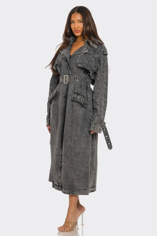 Charcoal Black Distressed Denim Trench Coat