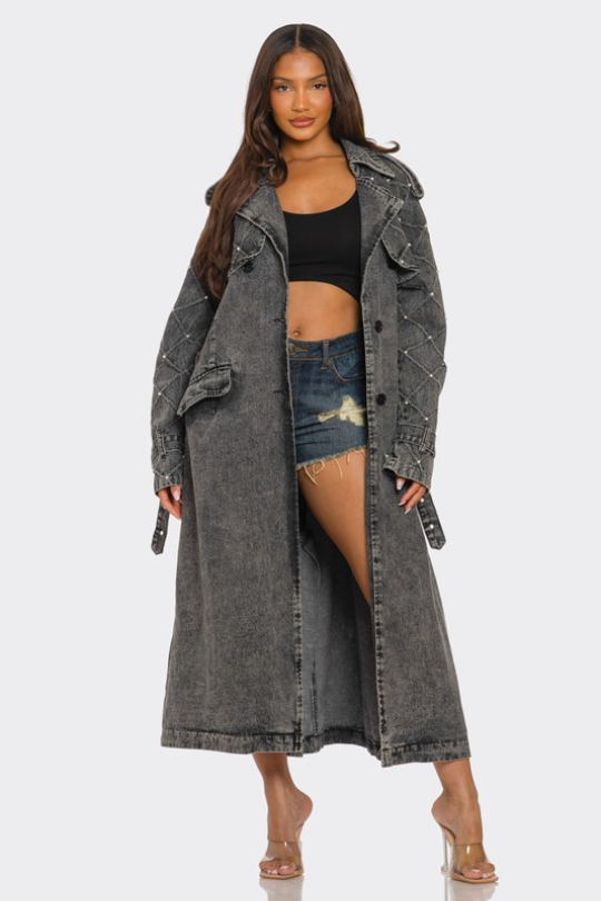 Charcoal Black Distressed Denim Trench Coat