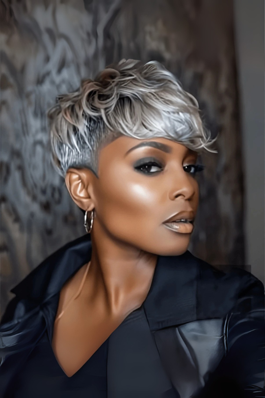 Short Pixie Curly Bangs Grey Wig