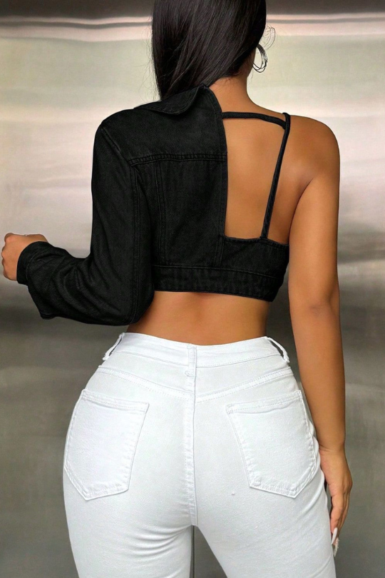 One Shoulder Long Sleeve Cropped Denim Top