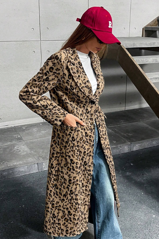 Lux Leopard Cinched Waist Mid-Length Designer Coat