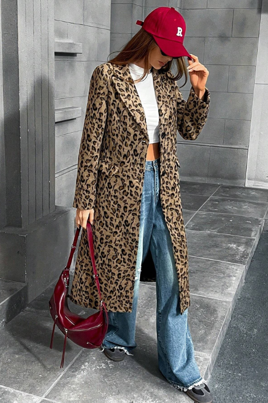 Lux Leopard Cinched Waist Mid-Length Designer Coat