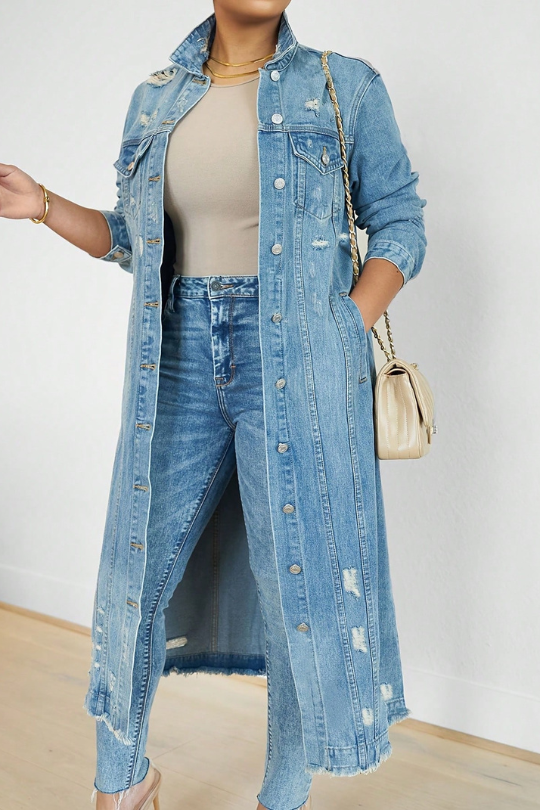 Women's Long Ripped Denim Trench Coat
