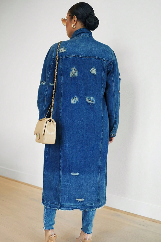 Women's Long Ripped Denim Trench Coat