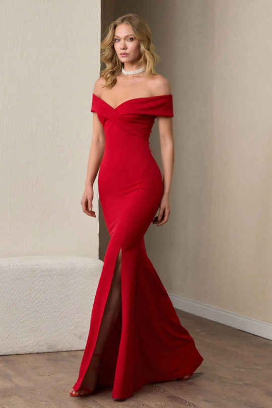 Woman's Ruby Red Off Shoulder Evening Dress
